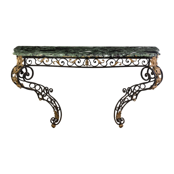 A Large Wrought Iron Table with Verde Marble Top