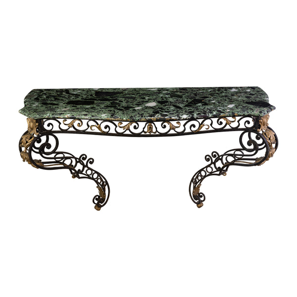 A Large Wrought Iron Table with Verde Marble Top