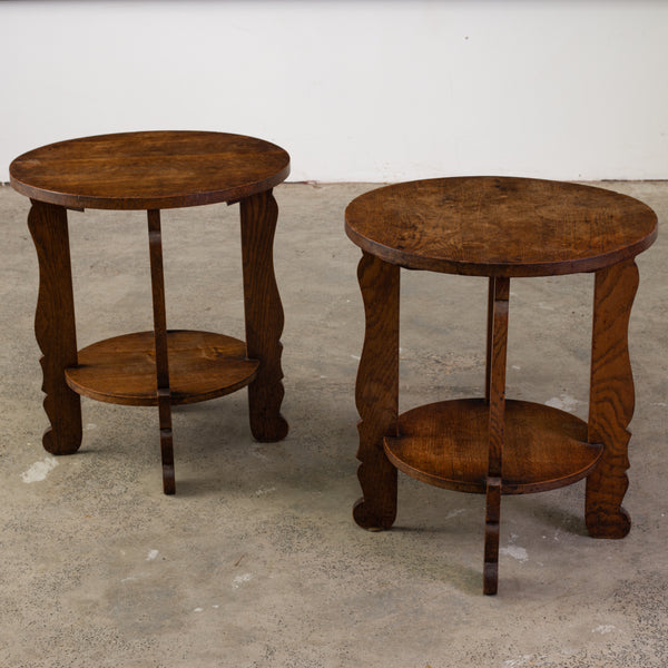 Pair of French Art Deco Oak Occasional Round Side Tables