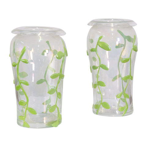 Pair of Iridescent Murano Vases with applied green leaves