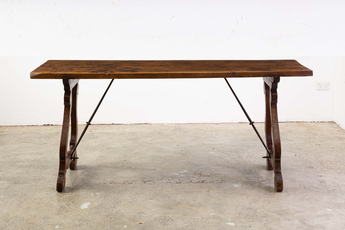 19th Century Spanish Console Table with Solid Walnut Plank Top The