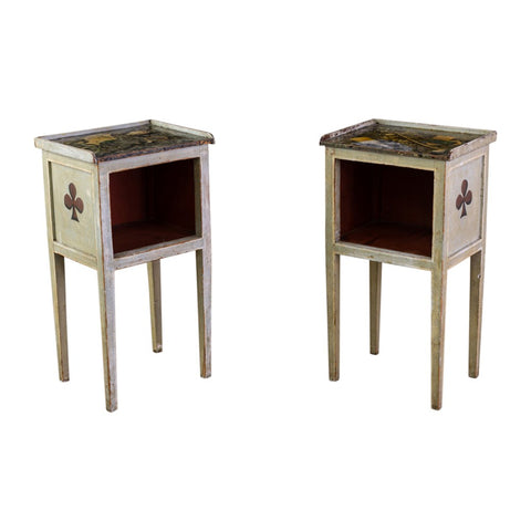 A pair of decorative and unusual trompe-l'oielle decorated small bedside tables