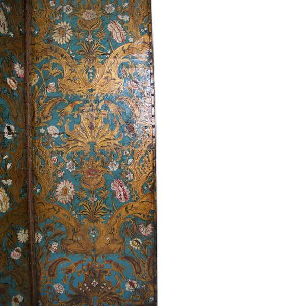 A 19th Century Embossed and Polychrome painted Leather Screen