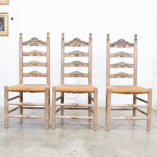camel Spanish Polychrome Painted and Rush Caned Chairs