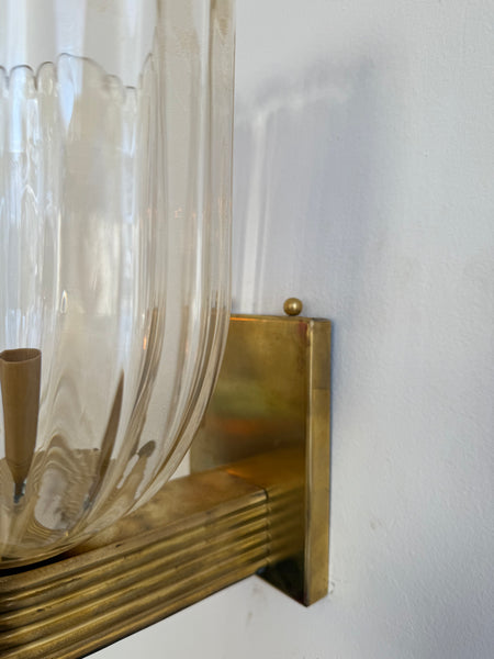Pair of Murano Fluted Glass with Gold inclusions and Brass Wall Sconces