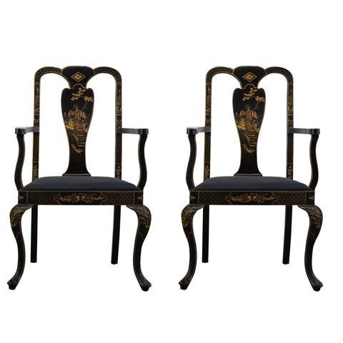 Pair of Antique Queen Anne Style  chinoiserie Armchairs