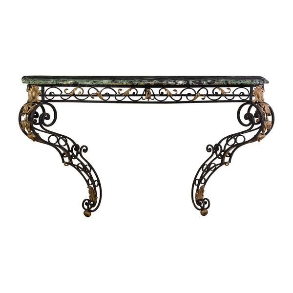 A Large Wrought Iron Table with Verde Marble Top