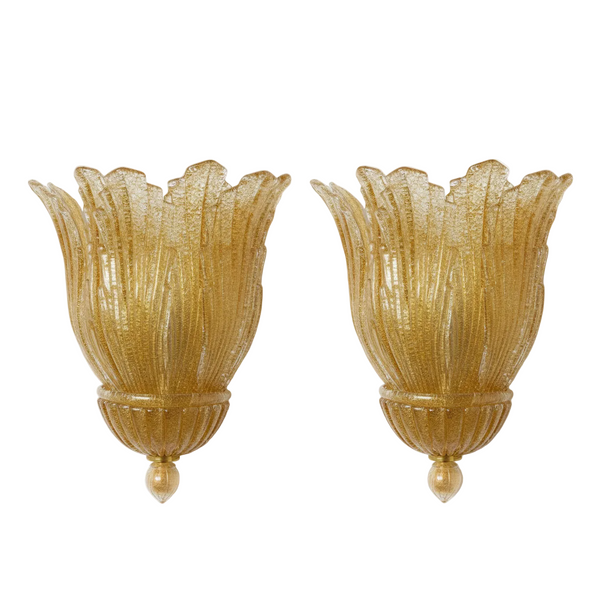 Pair of Large Murano "Graniglia "Leaf Murano Glass Wall Sconces