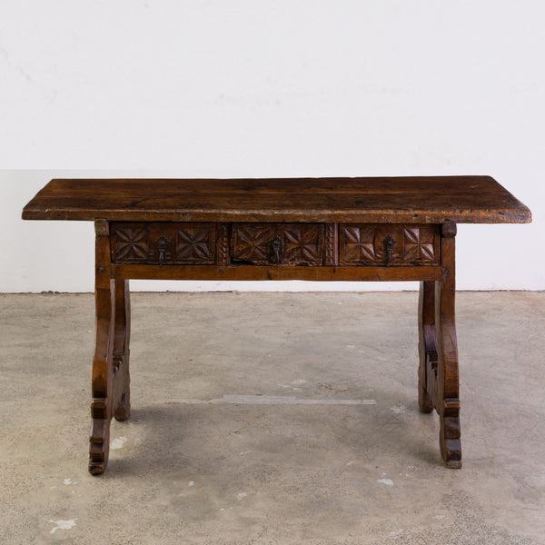 18th Century Spanish Walnut Table with Carved Drawer Front