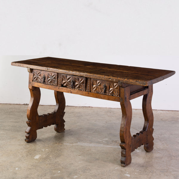 18th Century Spanish Walnut Table with Carved Drawer Front