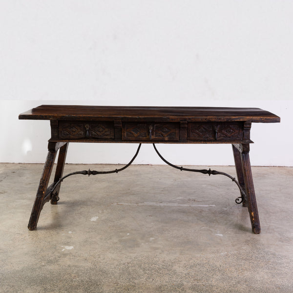 18th Century Spanish Walnut Table with Carved Front and Wroght Iron Stretcher