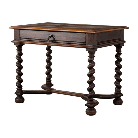 French Louis XIII Style Walnut Side Table with Barley-Twist Table Legs and Stretcher