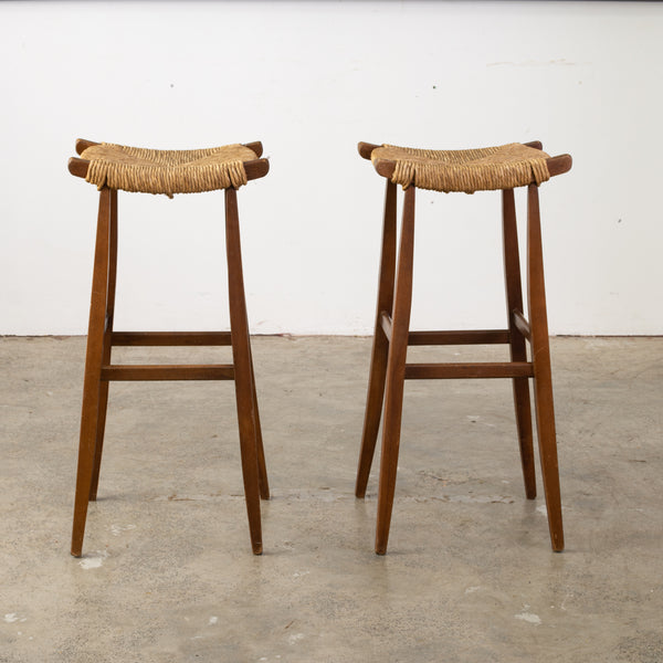 Pair of Vintage Rush Caned Bar Stools