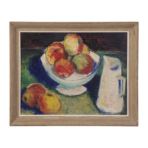 Apples in Bowl with White Pitcher signed lower Right Helias, Oil on Board