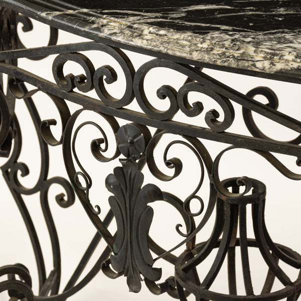 A Louis XV Style Marble Topped Wrought Iron Console table