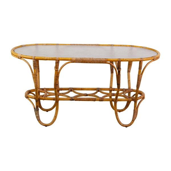 Vintage Italian Cane Coffee Table with Frosted Glass Top