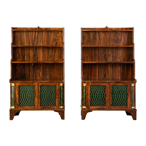 Pair of Faux Coromandel Wood Three Tier Waterfall Bookcases