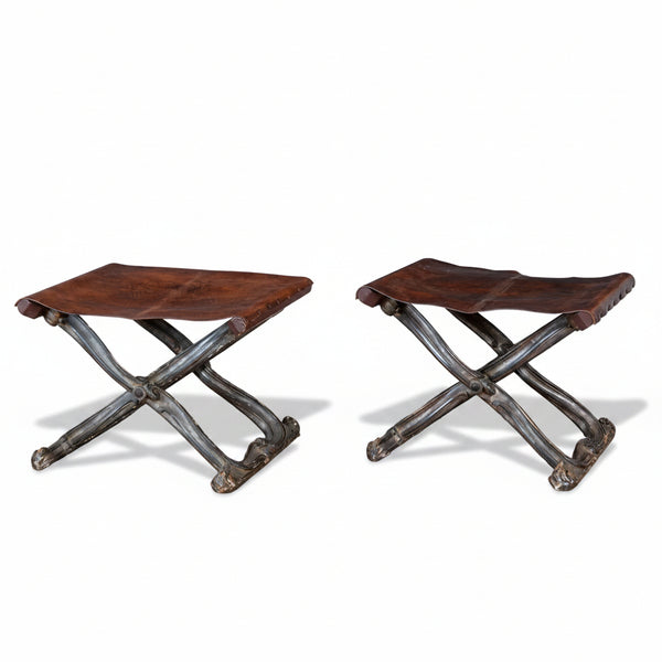 Pair of Vintage Italian Silver Gilt and Leather Folding Stools