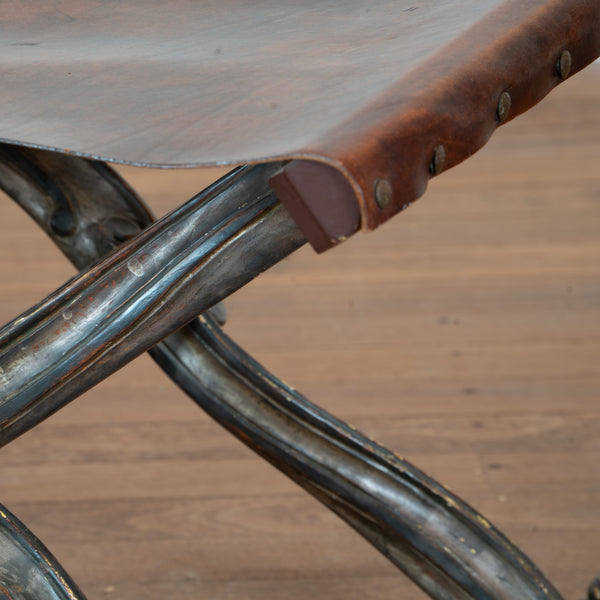 Pair of Vintage Italian Silver Gilt and Leather Folding Stools