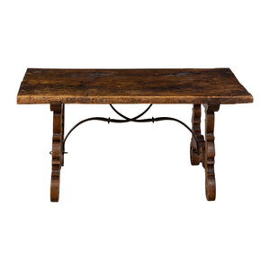 Early 20th Century Spanish Coffee Table in Walnut with a wrought Iron Stretcher
