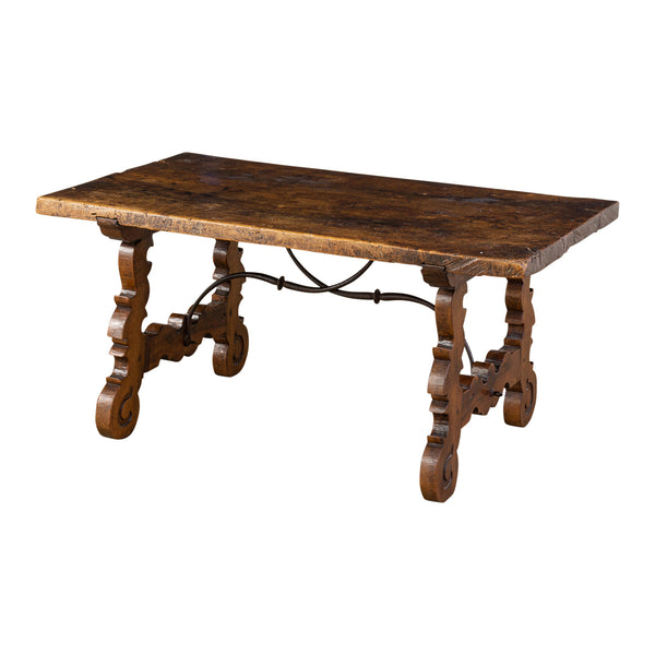Early 20th Century Spanish Coffee Table in Walnut with a wrought Iron Stretcher