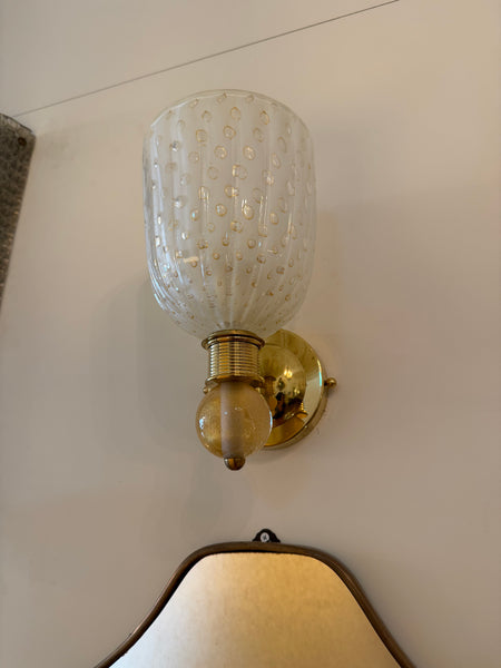 A Pair of Murano White "Pulgegoso" Glass and Brass Wall Sconces