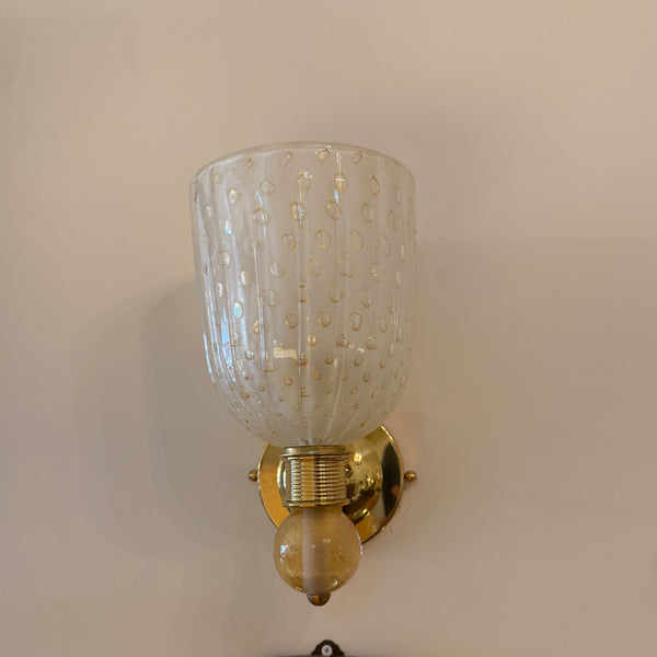 A Pair of Murano White "Pulgegoso" Glass and Brass Wall Sconces