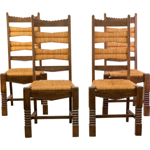 Set of 6 French Brutalist  Oak Armchairs
