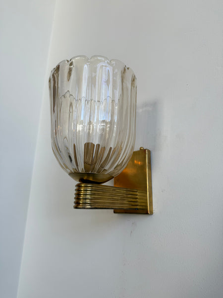 Pair of Murano Fluted Glass with Gold inclusions and Brass Wall Sconces