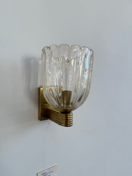 Pair of Murano Fluted Glass with Gold inclusions and Brass Wall Sconces