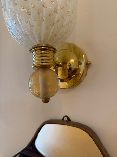 A Pair of Murano White "Pulgegoso" Glass and Brass Wall Sconces