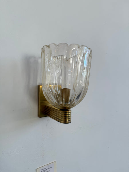 Pair of Murano Fluted Glass with Gold inclusions and Brass Wall Sconces