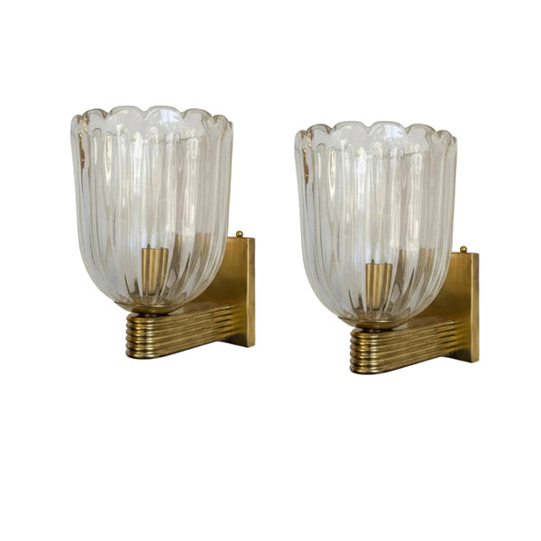 Pair of Murano Fluted Glass with Gold inclusions and Brass Wall Sconces
