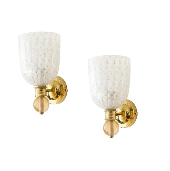 A Pair of Murano White "Pulgegoso" Glass and Brass Wall Sconces
