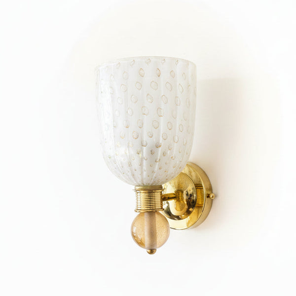 A Pair of Murano White "Pulgegoso" Glass and Brass Wall Sconces