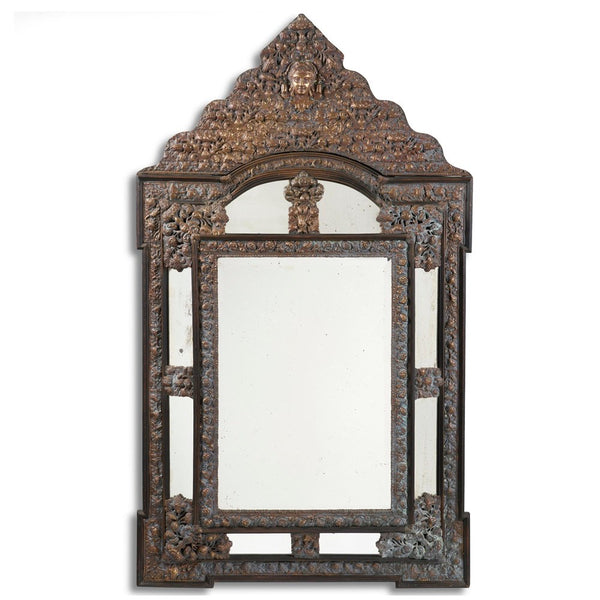 A large Flemish Baroque Repousse Brass Cushion Mirror