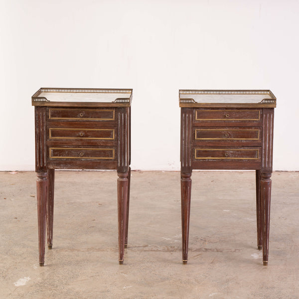 A pair of Mid 20th century French Louis XVI Bouillotte style mahogany and gilt brass-mounted bedside tables