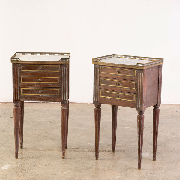 A pair of Mid 20th century French Louis XVI Bouillotte style mahogany and gilt brass-mounted bedside tables