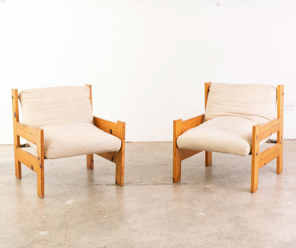 Pair of Vintage Scandinavian Pine Armchairs with Slung Cushions