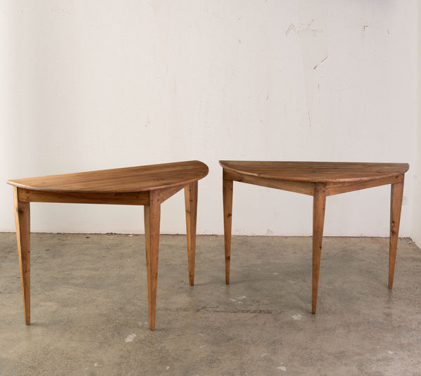 Pair Pine Demi-Lune Console Tables