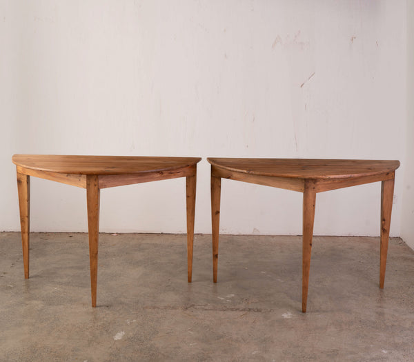 Pair Pine Demi-Lune Console Tables