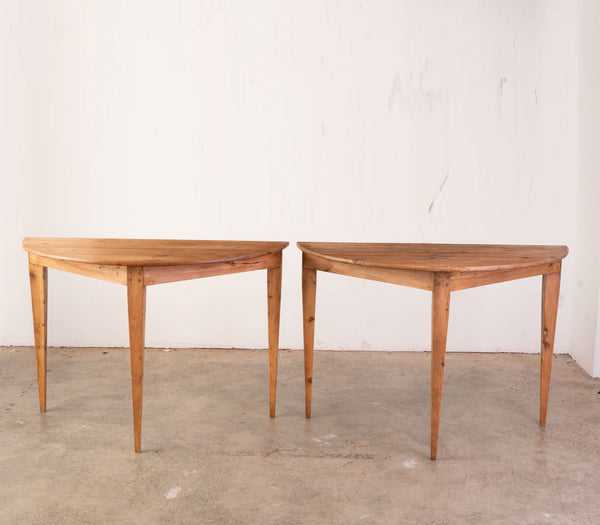 Pair Pine Demi-Lune Console Tables