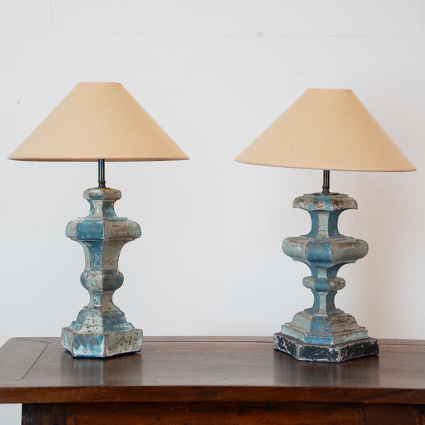 A Near Pair of Italian Blue and Grey-Green Painted Carved Wood Baluster Table Lamps, the Bases 18th Century, Later Adapted