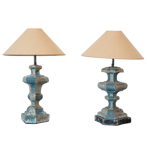 A Near Pair of Italian Blue and Grey-Green Painted Carved Wood Baluster Table Lamps, the Bases 18th Century, Later Adapted