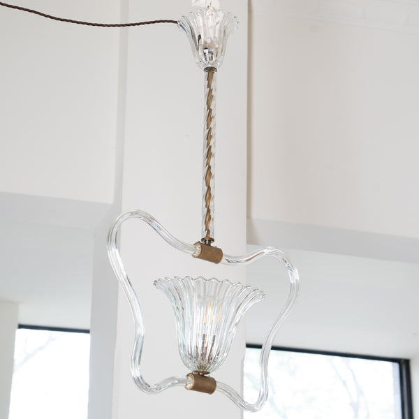 A Venetian Clear Blown Glass and Gilt-Brass Single-Light Pendant, Attributed to Ercole Barovier for Barovier & Toso