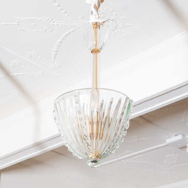 A Pair of Clear Murano Glass and Gilt-Brass Pendant Lights, by Murano Due
