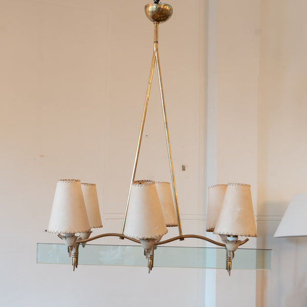 An Italian Brass and Glass Six-Light Chandelier, in the manner of Fontana Arte