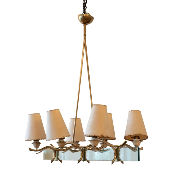 An Italian Brass and Glass Six-Light Chandelier, in the manner of Fontana Arte