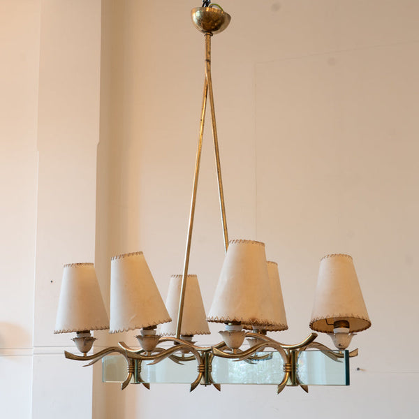 An Italian Brass and Glass Six-Light Chandelier, in the manner of Fontana Arte