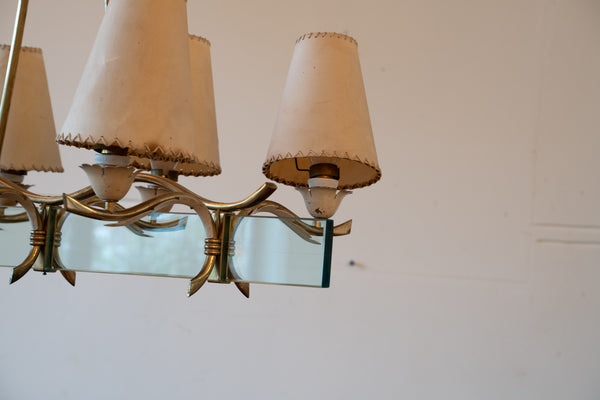 An Italian Brass and Glass Six-Light Chandelier, in the manner of Fontana Arte